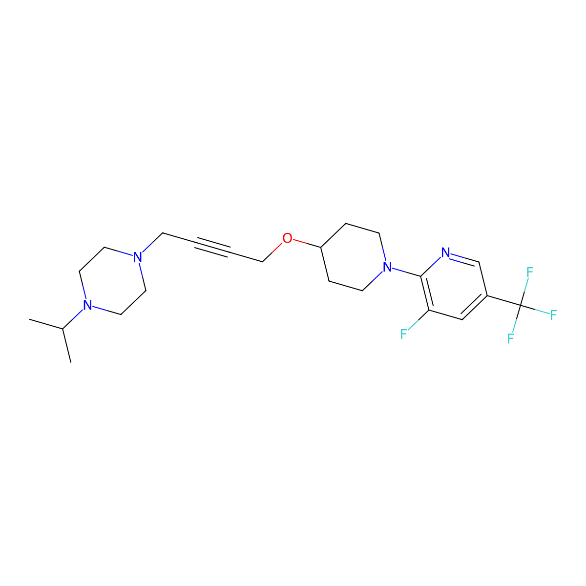 1-[4-({1-[3-Fluoro-5-(trifluoromethyl)pyridin-2-yl]piperidin-4-yl}oxy)but-2-yn-1-yl]-4-(propan-2-yl)piperazine molecular structure, CAS 2548985-46-0