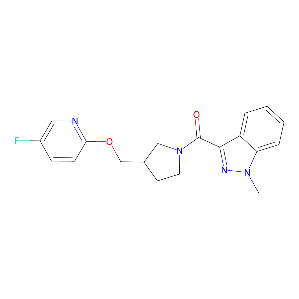 3-(3-{[(5-fluoropyridin-2-yl)oxy]methyl}pyrrolidine-1-carbonyl)-1-methyl-1H-indazole molecular structure, CAS 2548985-49-3