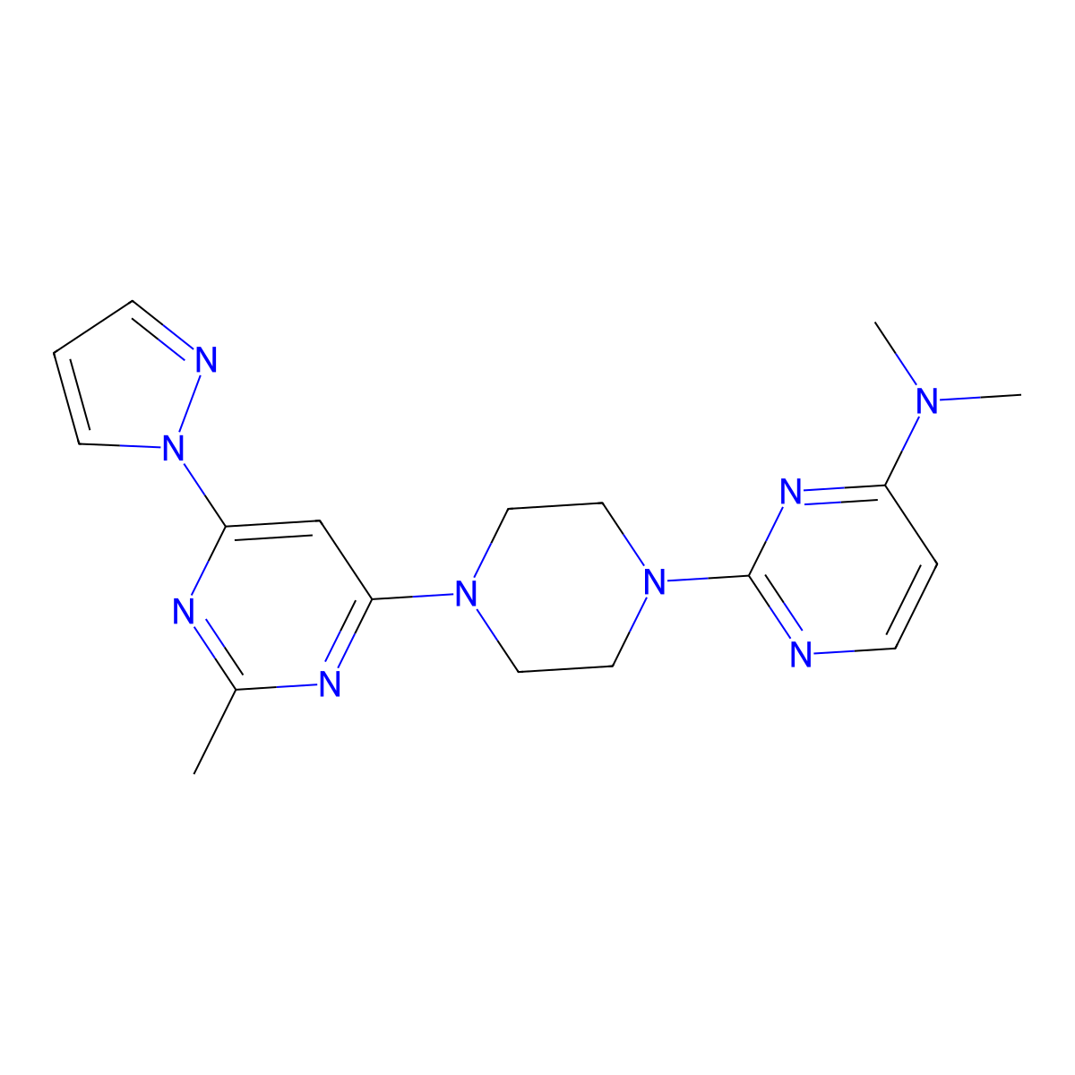 N,N-dimethyl-2-{4-[2-methyl-6-(1H-pyrazol-1-yl)pyrimidin-4-yl]piperazin-1-yl}pyrimidin-4-amine molecular structure, CAS 2548985-69-7