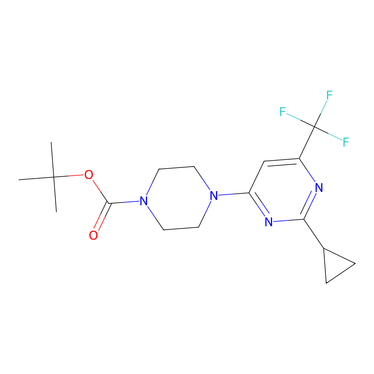 Tert-butyl 4-[2-cyclopropyl-6-(trifluoromethyl)pyrimidin-4-yl]piperazine-1-carboxylate molecular structure, CAS 2548985-70-0
