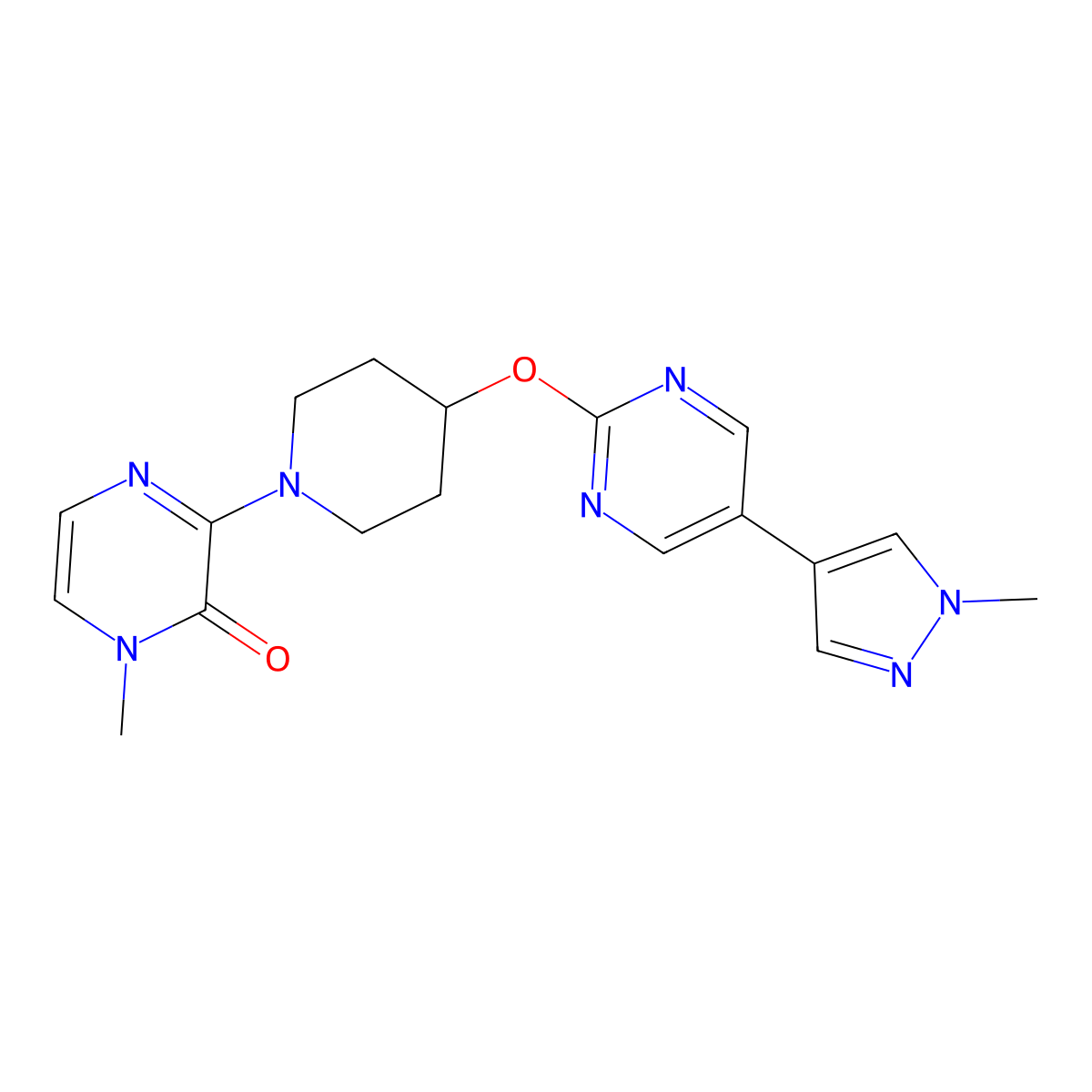 1-methyl-3-(4-{[5-(1-methyl-1H-pyrazol-4-yl)pyrimidin-2-yl]oxy}piperidin-1-yl)-1,2-dihydropyrazin-2-one molecular structure, CAS 2548985-73-3