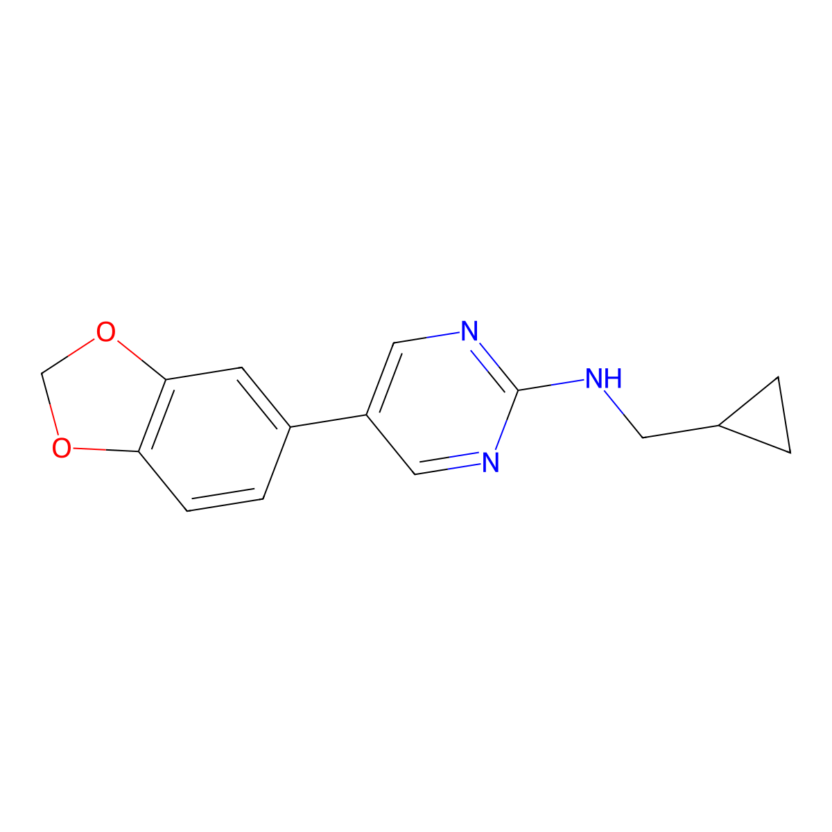 5-(2H-1,3-benzodioxol-5-yl)-N-(cyclopropylmethyl)pyrimidin-2-amine molecular structure, CAS 2548985-80-2