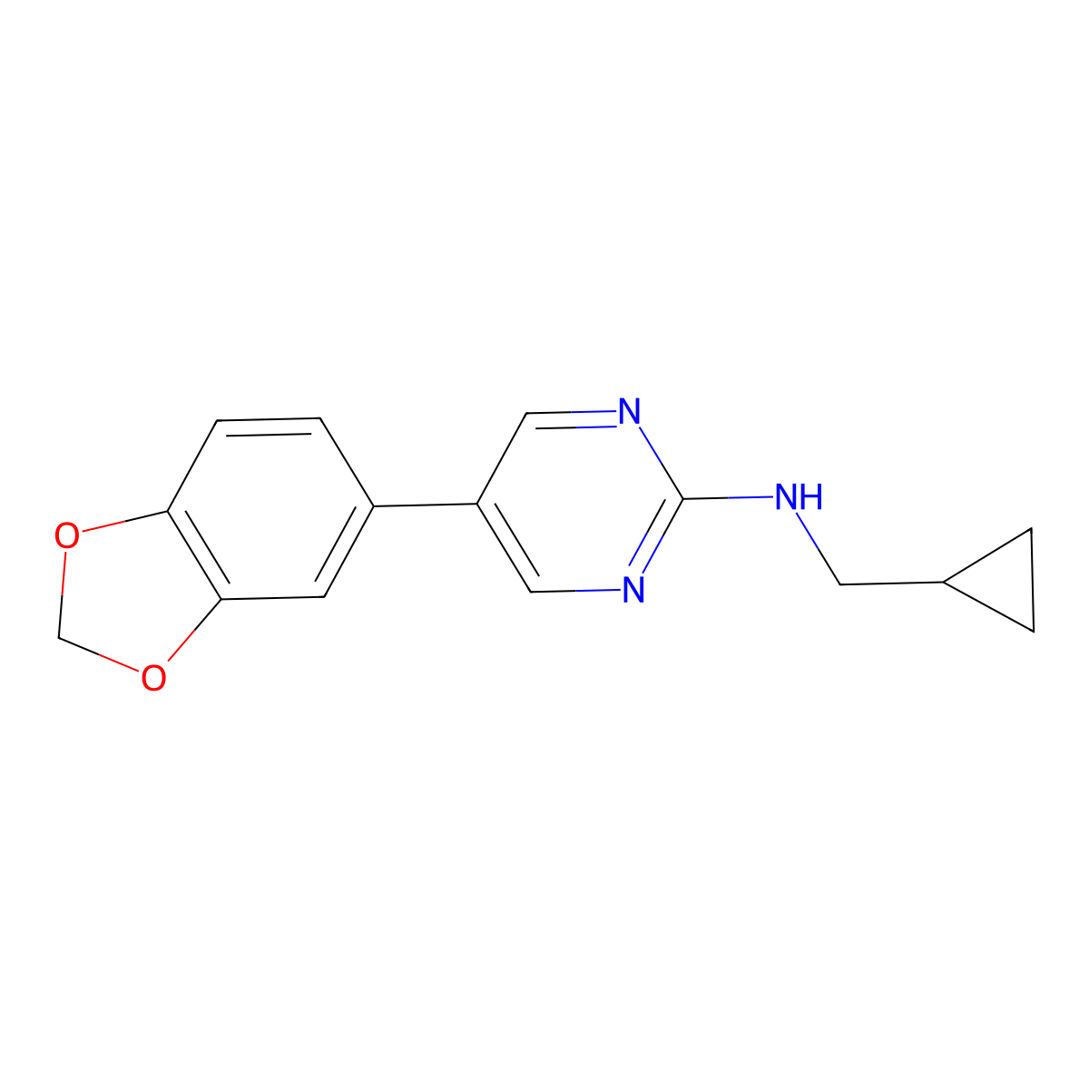 5-(2H-1,3-benzodioxol-5-yl)-N-(cyclopropylmethyl)pyrimidin-2-amine molecular structure, CAS 2548985-80-2