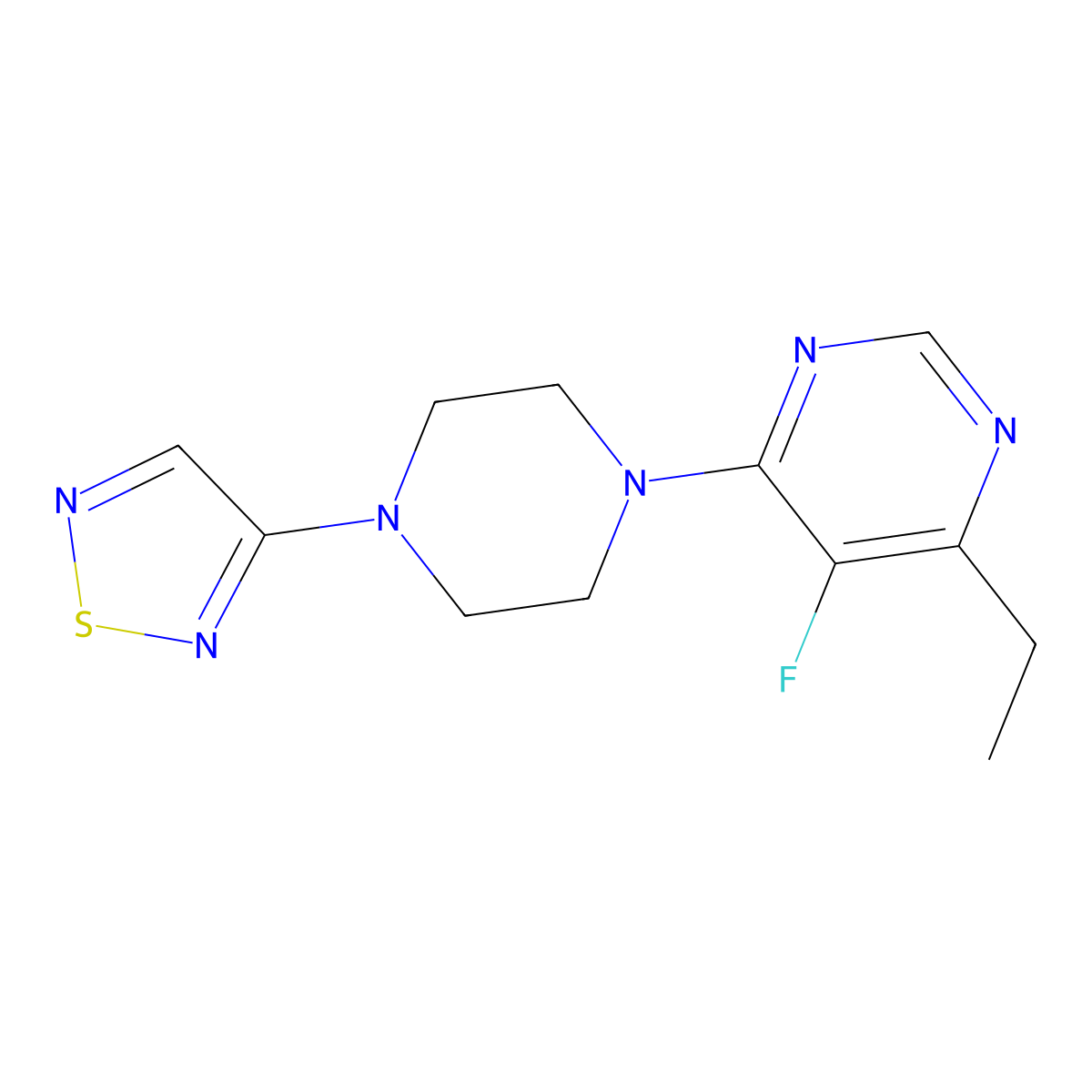 4-Ethyl-5-fluoro-6-[4-(1,2,5-thiadiazol-3-yl)piperazin-1-yl]pyrimidine molecular structure, CAS 2548985-81-3
