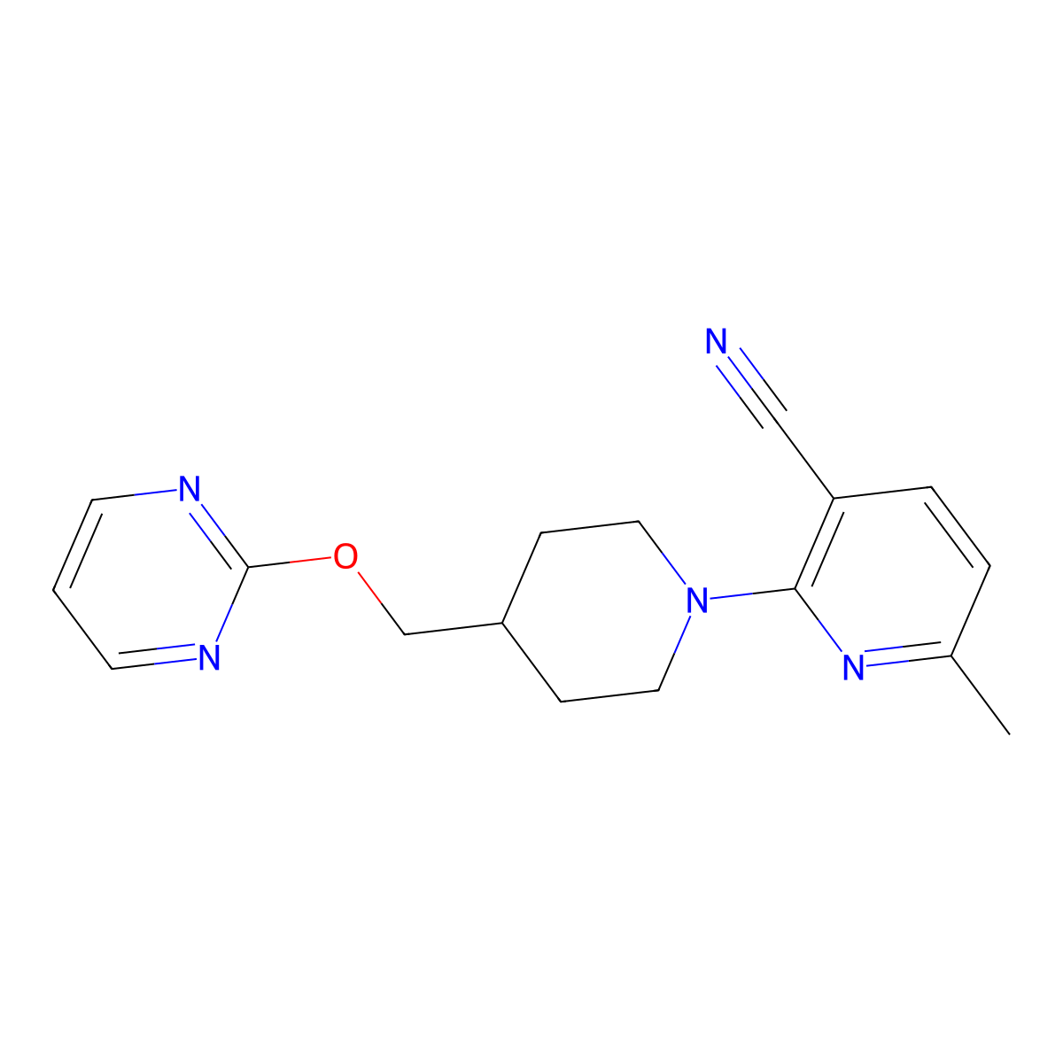 6-Methyl-2-{4-[(pyrimidin-2-yloxy)methyl]piperidin-1-yl}pyridine-3-carbonitrile molecular structure, CAS 2548985-91-5