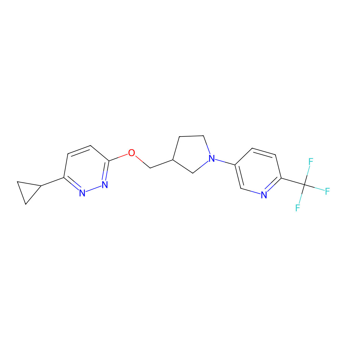 3-Cyclopropyl-6-({1-[6-(trifluoromethyl)pyridin-3-yl]pyrrolidin-3-yl}methoxy)pyridazine molecular structure, CAS 2548986-18-9