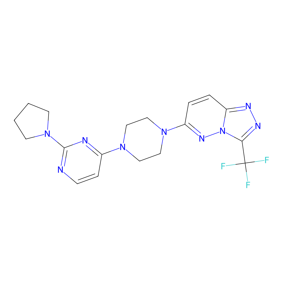2-(Pyrrolidin-1-yl)-4-{4-[3-(trifluoromethyl)-[1,2,4]triazolo[4,3-b]pyridazin-6-yl]piperazin-1-yl}pyrimidine molecular structure, CAS 2548986-24-7