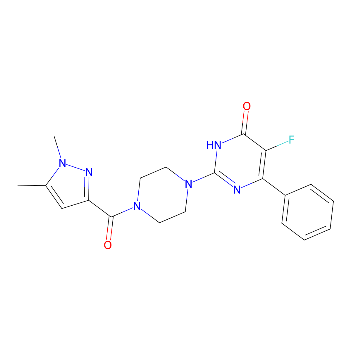 2-[4-(1,5-dimethyl-1H-pyrazole-3-carbonyl)piperazin-1-yl]-5-fluoro-6-phenyl-3,4-dihydropyrimidin-4-one molecular structure, CAS 2548986-25-8