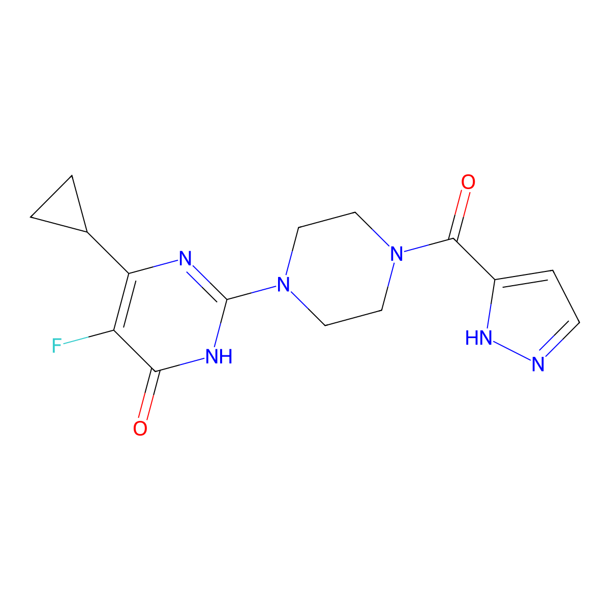 6-cyclopropyl-5-fluoro-2-[4-(1H-pyrazole-3-carbonyl)piperazin-1-yl]-3,4-dihydropyrimidin-4-one molecular structure, CAS 2548986-27-0