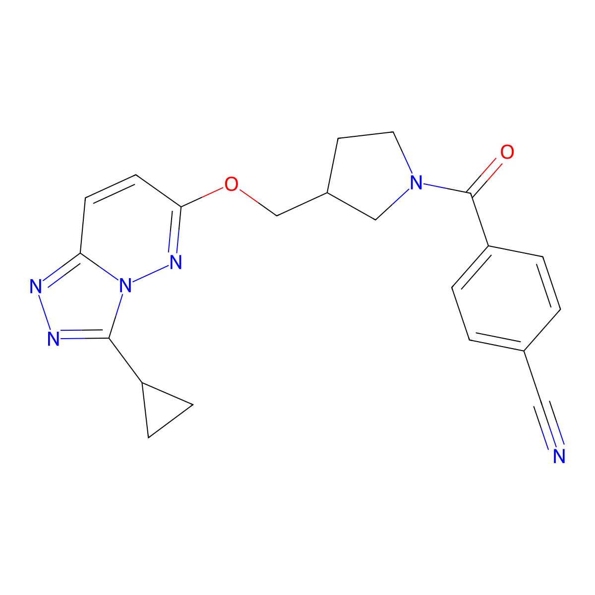 4-{3-[({3-Cyclopropyl-[1,2,4]triazolo[4,3-b]pyridazin-6-yl}oxy)methyl]pyrrolidine-1-carbonyl}benzonitrile molecular structure, CAS 2548986-28-1