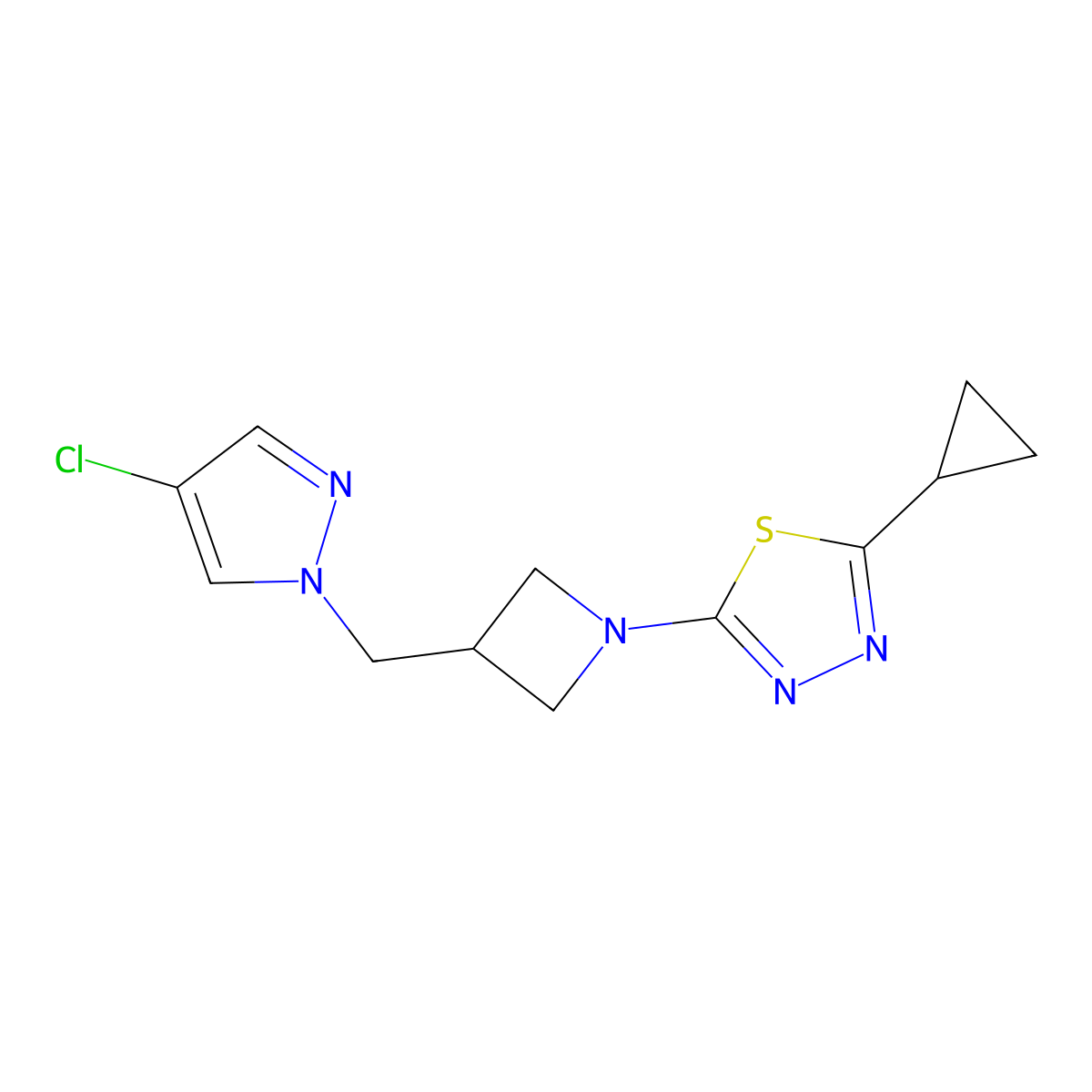 2-{3-[(4-chloro-1H-pyrazol-1-yl)methyl]azetidin-1-yl}-5-cyclopropyl-1,3,4-thiadiazole molecular structure, CAS 2548986-35-0