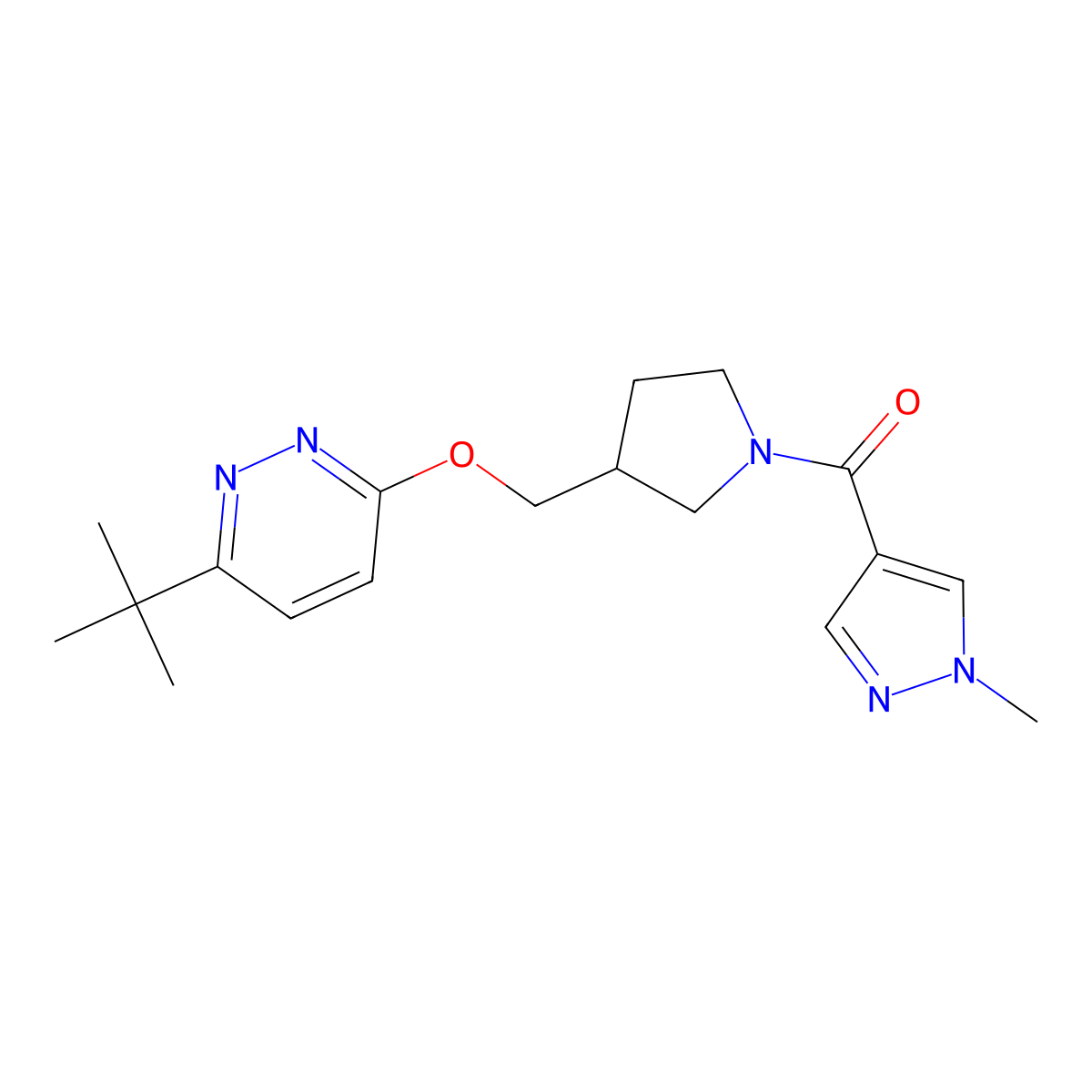 3-tert-butyl-6-{[1-(1-methyl-1H-pyrazole-4-carbonyl)pyrrolidin-3-yl]methoxy}pyridazine molecular structure, CAS 2548986-38-3