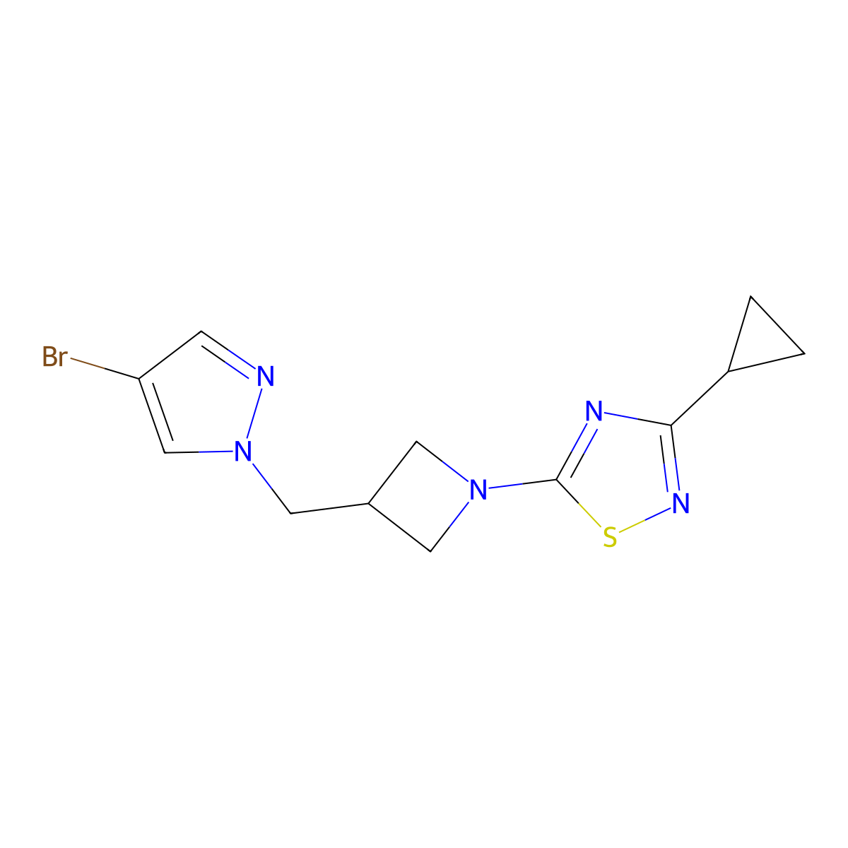 5-{3-[(4-bromo-1H-pyrazol-1-yl)methyl]azetidin-1-yl}-3-cyclopropyl-1,2,4-thiadiazole molecular structure, CAS 2548986-44-1