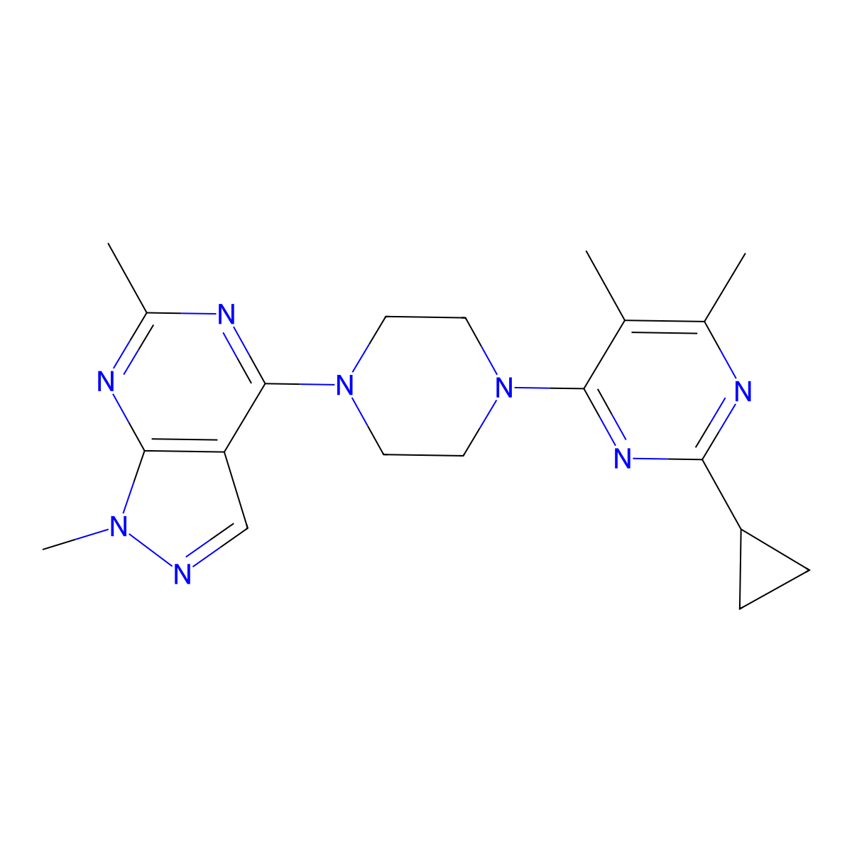 2-cyclopropyl-4-(4-{1,6-dimethyl-1H-pyrazolo[3,4-d]pyrimidin-4-yl}piperazin-1-yl)-5,6-dimethylpyrimidine molecular structure, CAS 2548986-46-3