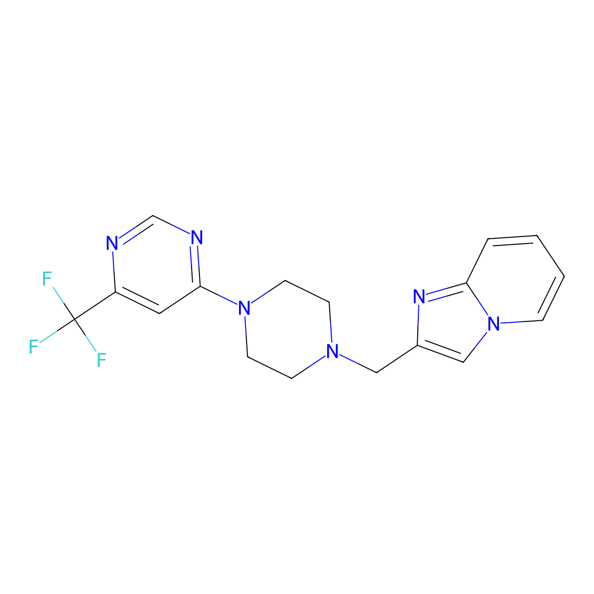 4-[4-({Imidazo[1,2-a]pyridin-2-yl}methyl)piperazin-1-yl]-6-(trifluoromethyl)pyrimidine molecular structure, CAS 2548986-65-6