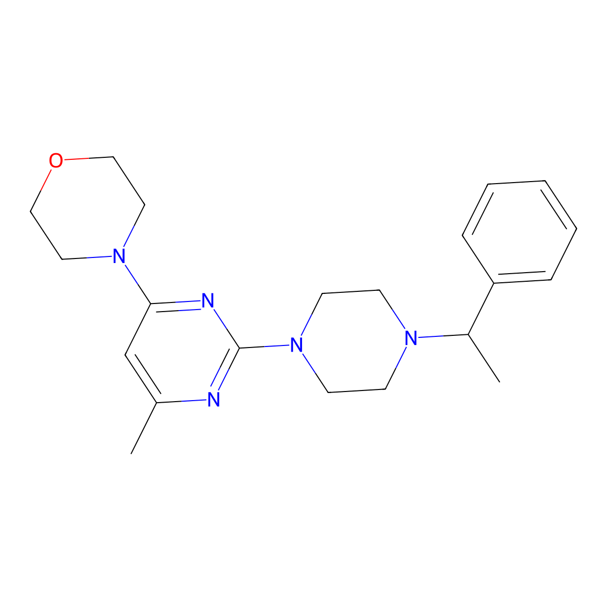 4-{6-Methyl-2-[4-(1-phenylethyl)piperazin-1-yl]pyrimidin-4-yl}morpholine molecular structure, CAS 2548986-78-1