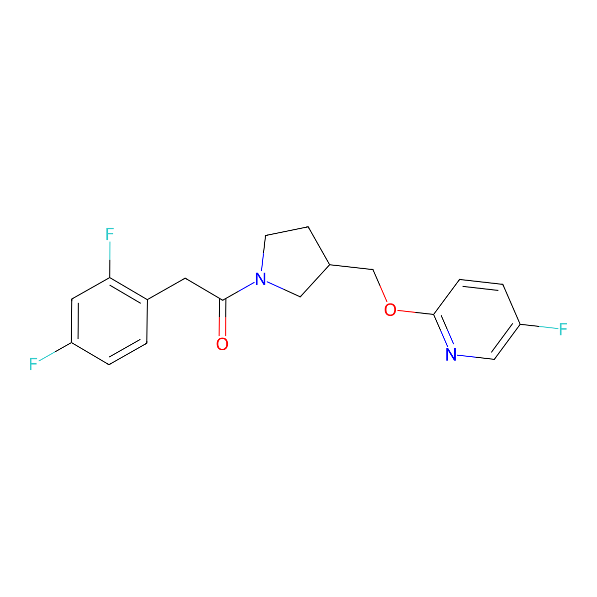 2-(2,4-Difluorophenyl)-1-(3-{[(5-fluoropyridin-2-yl)oxy]methyl}pyrrolidin-1-yl)ethan-1-one molecular structure, CAS 2548986-79-2