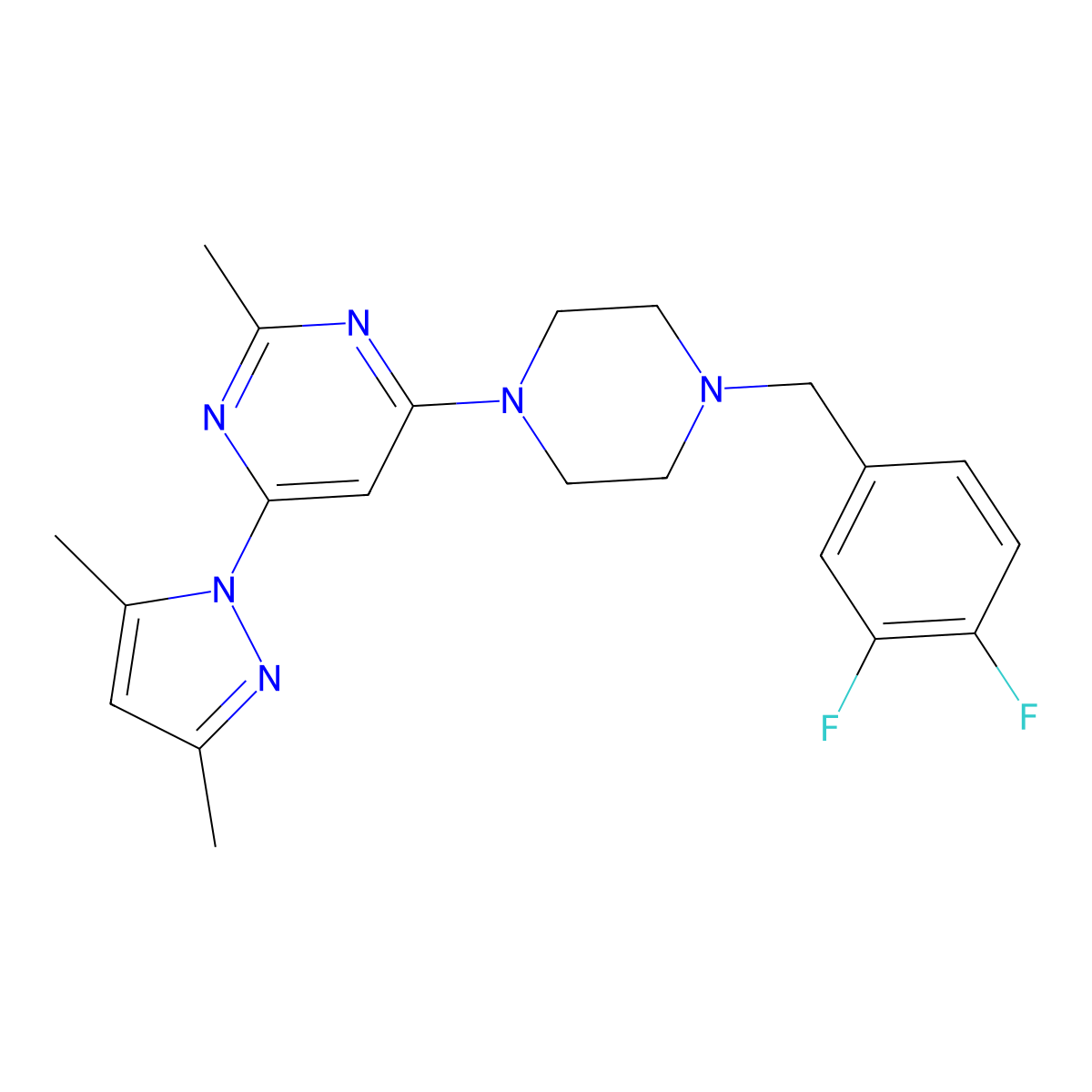 4-{4-[(3,4-difluorophenyl)methyl]piperazin-1-yl}-6-(3,5-dimethyl-1H-pyrazol-1-yl)-2-methylpyrimidine molecular structure, CAS 2548986-88-3