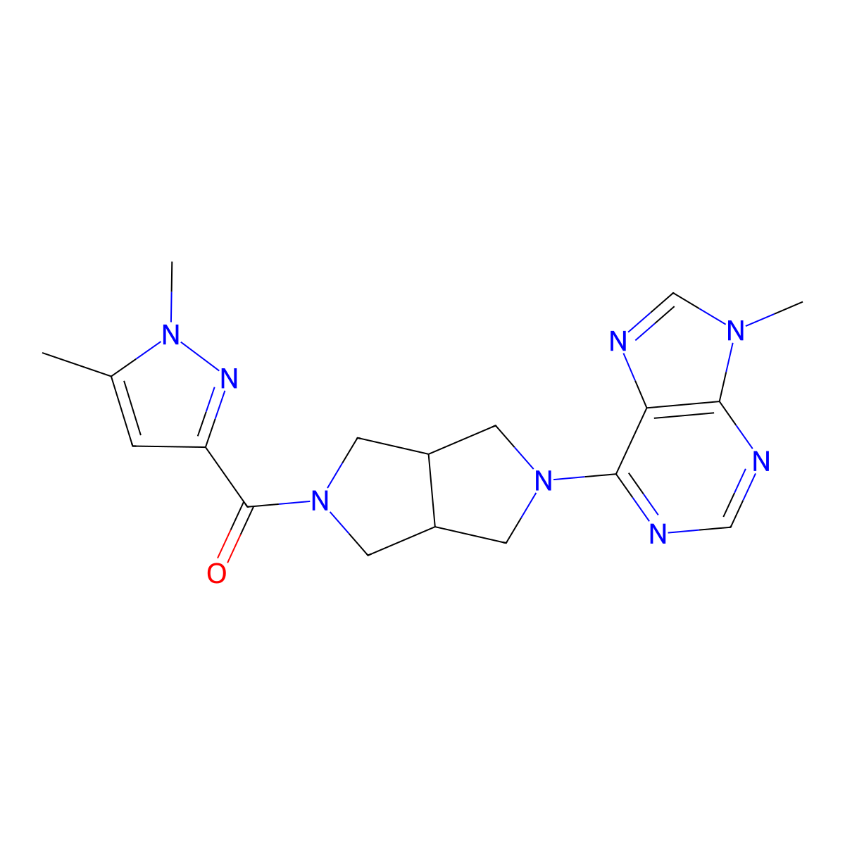 6-[5-(1,5-dimethyl-1H-pyrazole-3-carbonyl)-octahydropyrrolo[3,4-c]pyrrol-2-yl]-9-methyl-9H-purine molecular structure, CAS 2548986-90-7