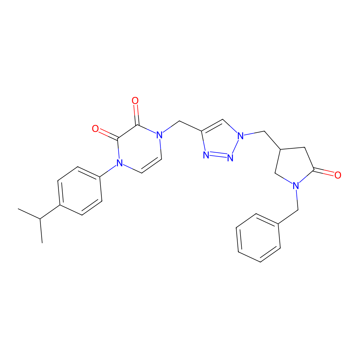 1-({1-[(1-benzyl-5-oxopyrrolidin-3-yl)methyl]-1H-1,2,3-triazol-4-yl}methyl)-4-[4-(propan-2-yl)phenyl]-1,2,3,4-tetrahydropyrazine-2,3-dione molecular structure, CAS 2548986-93-0