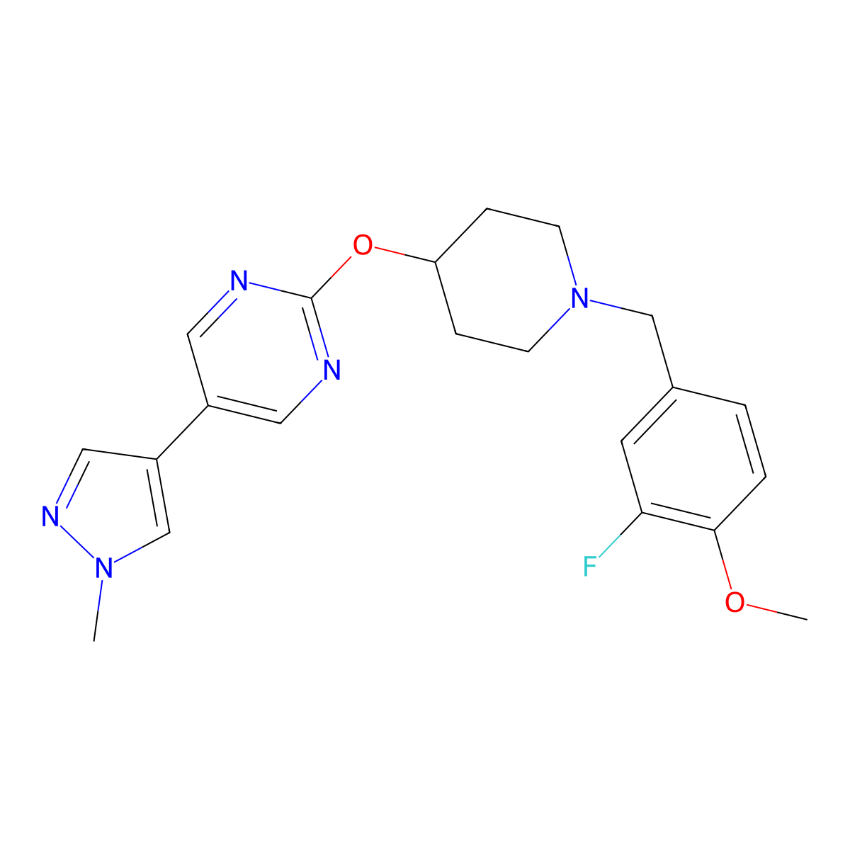 2-({1-[(3-fluoro-4-methoxyphenyl)methyl]piperidin-4-yl}oxy)-5-(1-methyl-1H-pyrazol-4-yl)pyrimidine molecular structure, CAS 2548986-97-4