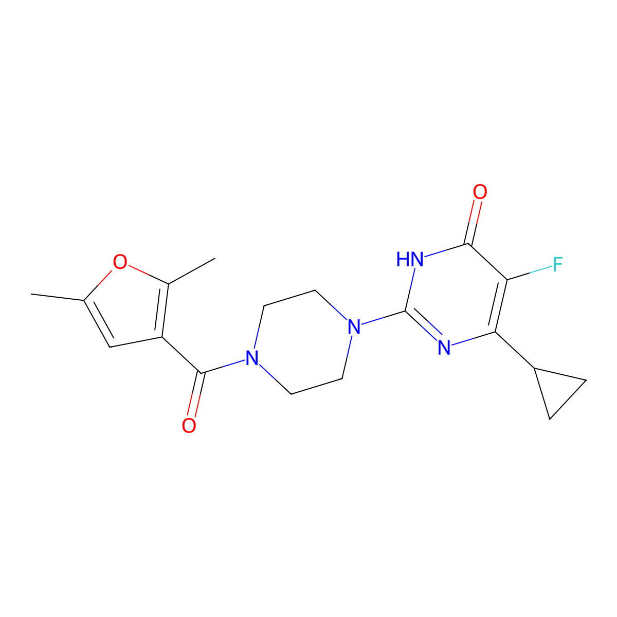 6-Cyclopropyl-2-[4-(2,5-dimethylfuran-3-carbonyl)piperazin-1-yl]-5-fluoro-3,4-dihydropyrimidin-4-one molecular structure, CAS 2548987-02-4