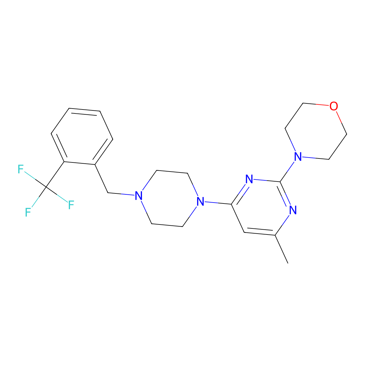 4-[4-Methyl-6-(4-{[2-(trifluoromethyl)phenyl]methyl}piperazin-1-yl)pyrimidin-2-yl]morpholine molecular structure, CAS 2548987-05-7