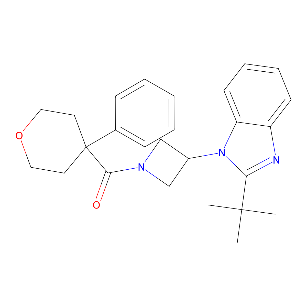 2-tert-butyl-1-[1-(4-phenyloxane-4-carbonyl)azetidin-3-yl]-1H-1,3-benzodiazole molecular structure, CAS 2548987-06-8