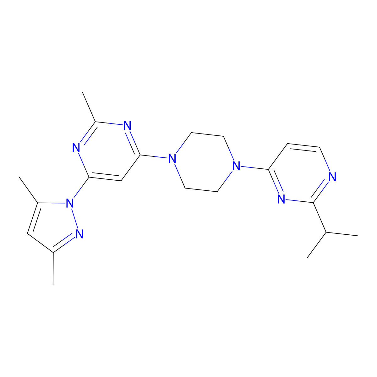 4-(3,5-dimethyl-1H-pyrazol-1-yl)-2-methyl-6-{4-[2-(propan-2-yl)pyrimidin-4-yl]piperazin-1-yl}pyrimidine molecular structure, CAS 2548987-08-0