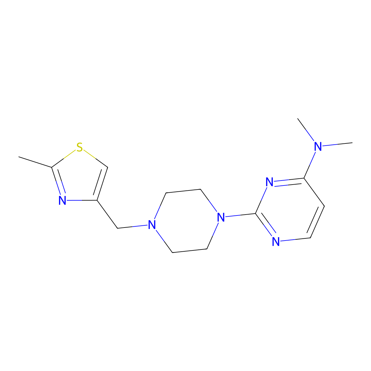 N,N-dimethyl-2-{4-[(2-methyl-1,3-thiazol-4-yl)methyl]piperazin-1-yl}pyrimidin-4-amine molecular structure, CAS 2548987-09-1