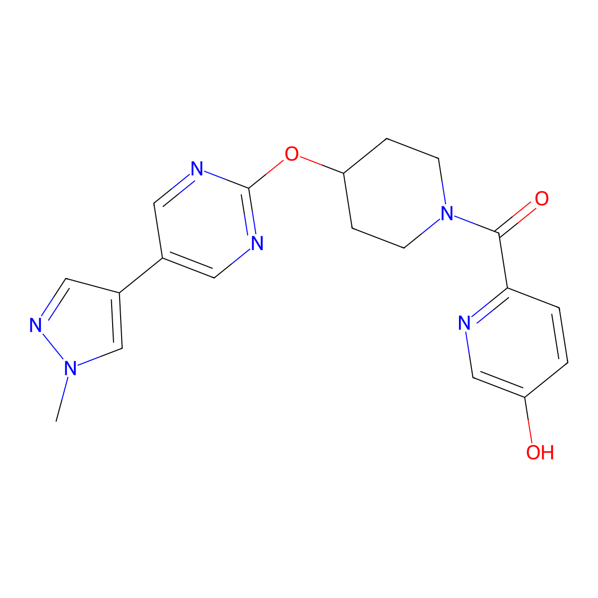 6-(4-{[5-(1-methyl-1H-pyrazol-4-yl)pyrimidin-2-yl]oxy}piperidine-1-carbonyl)pyridin-3-ol molecular structure, CAS 2548987-14-8