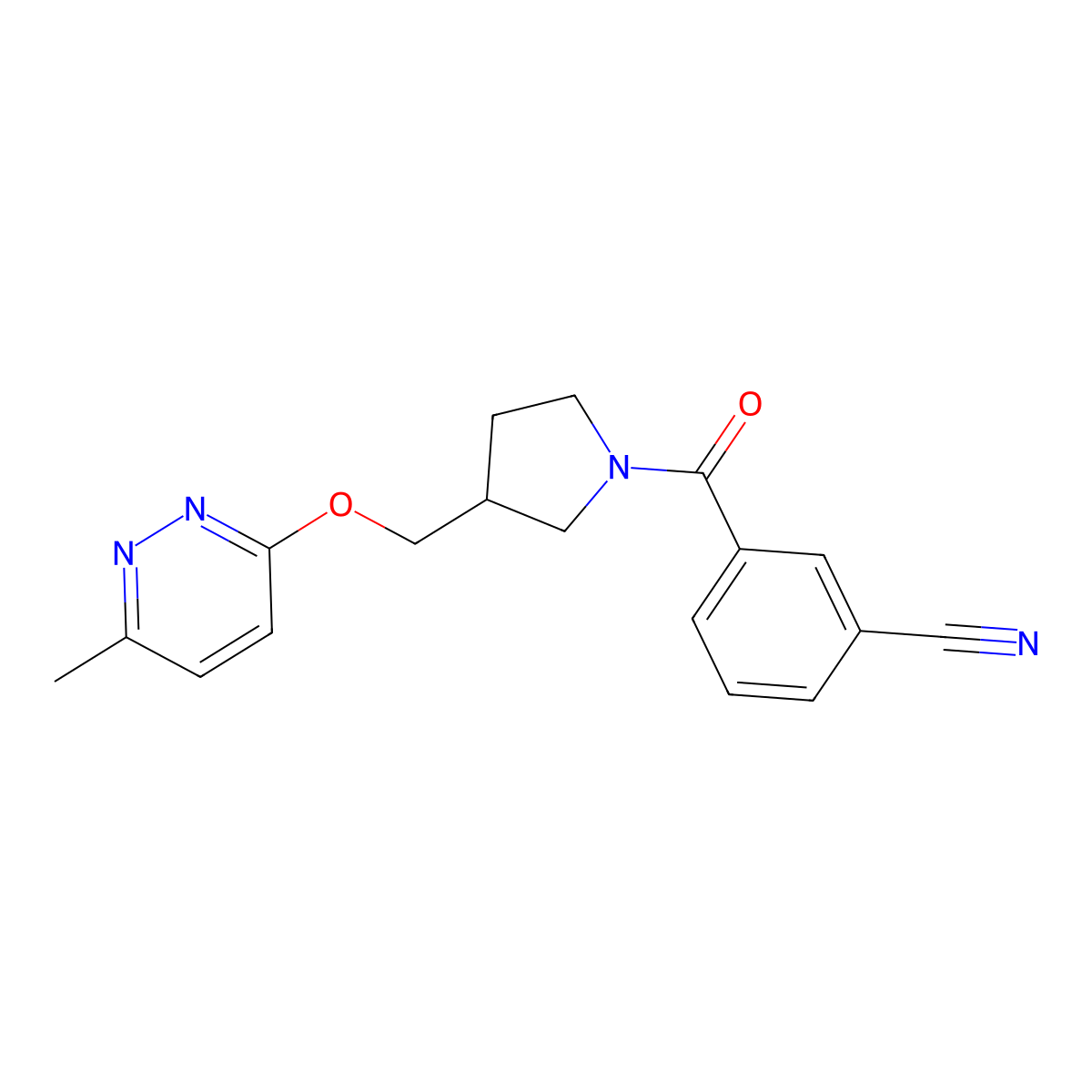3-(3-{[(6-Methylpyridazin-3-yl)oxy]methyl}pyrrolidine-1-carbonyl)benzonitrile molecular structure, CAS 2548987-15-9