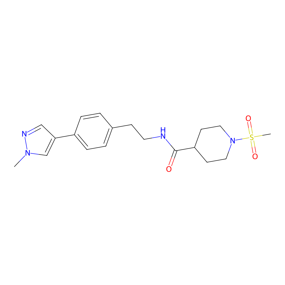 1-methanesulfonyl-N-{2-[4-(1-methyl-1H-pyrazol-4-yl)phenyl]ethyl}piperidine-4-carboxamide molecular structure, CAS 2548987-25-1
