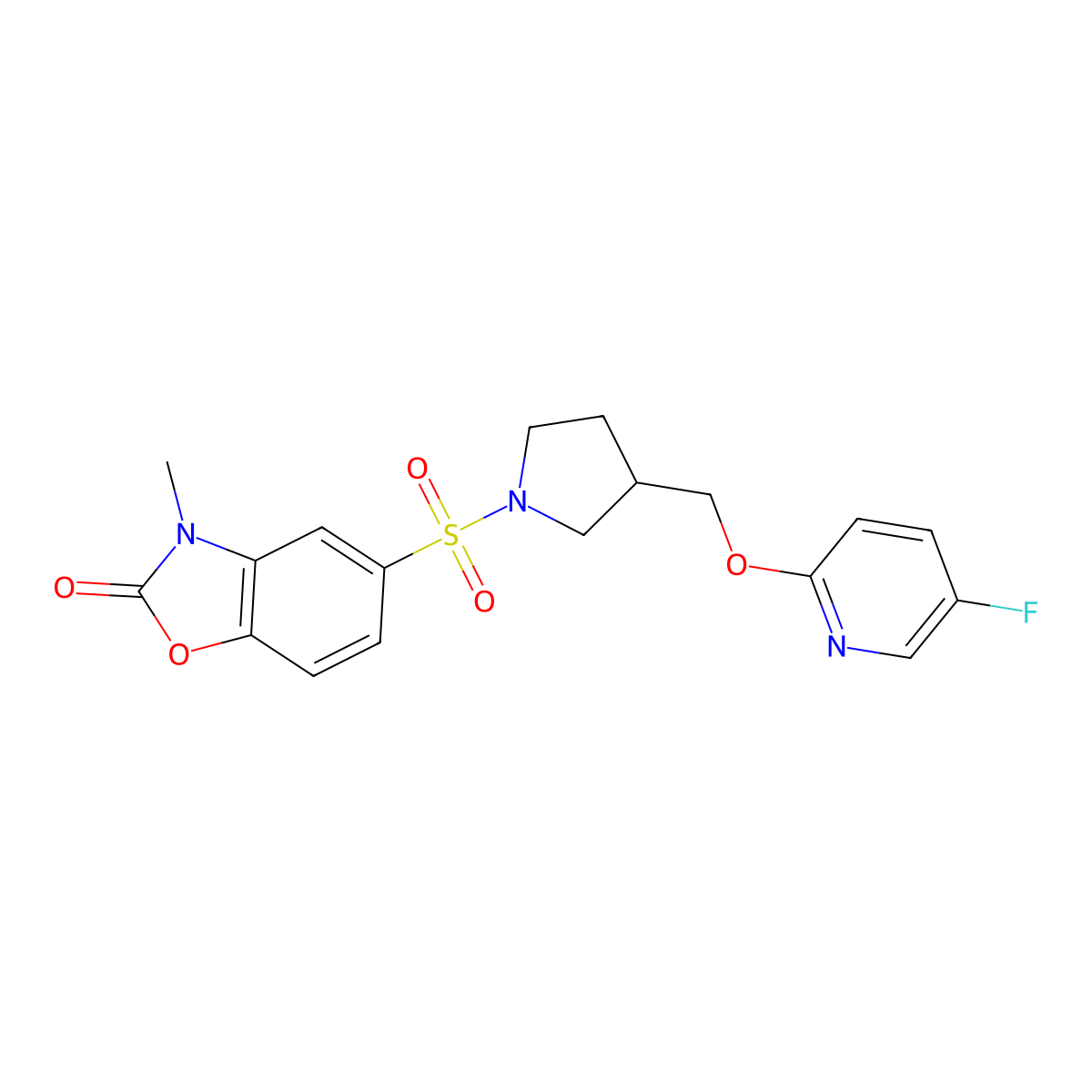 5-[(3-{[(5-Fluoropyridin-2-yl)oxy]methyl}pyrrolidin-1-yl)sulfonyl]-3-methyl-2,3-dihydro-1,3-benzoxazol-2-one molecular structure, CAS 2548987-34-2