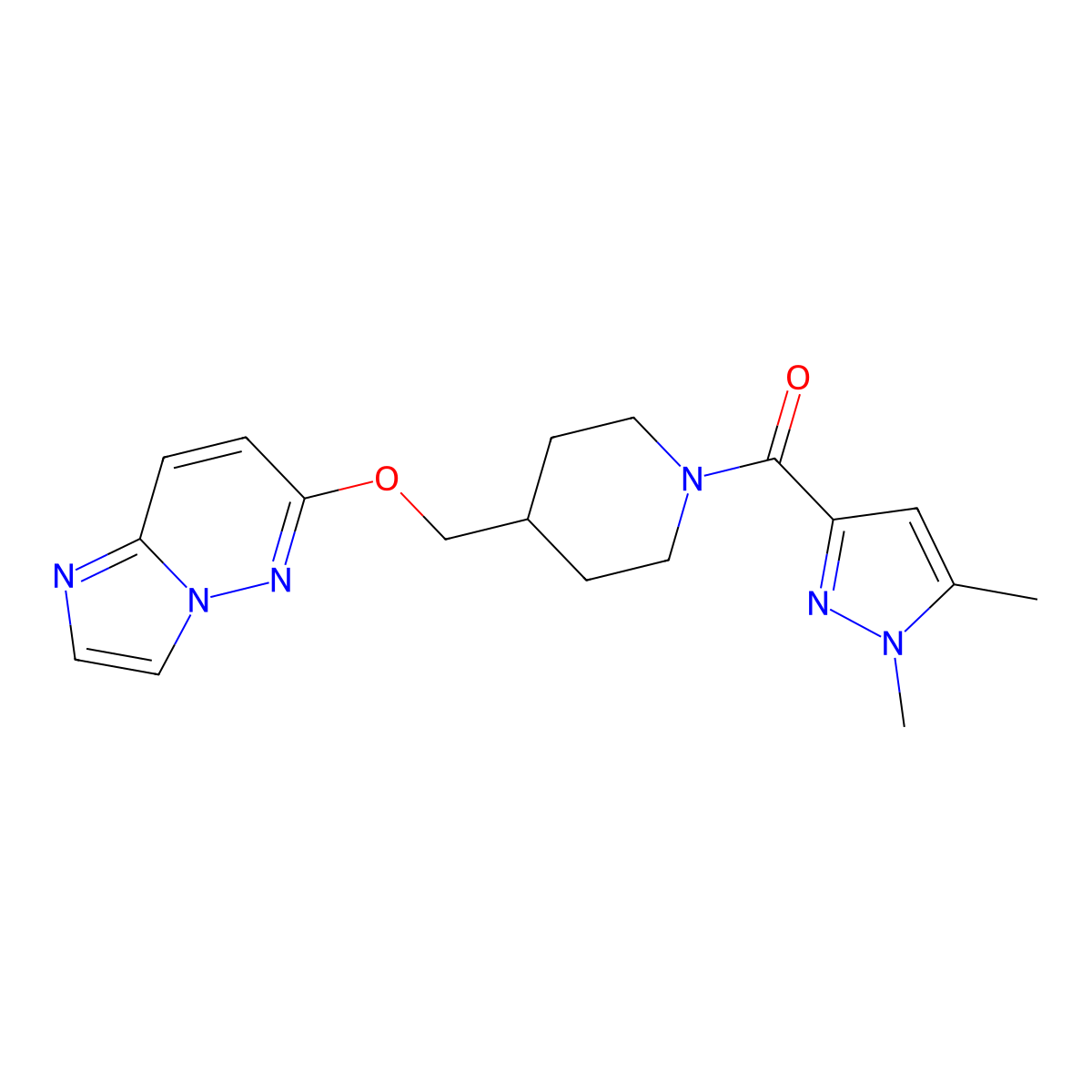 1-(1,5-dimethyl-1H-pyrazole-3-carbonyl)-4-({imidazo[1,2-b]pyridazin-6-yloxy}methyl)piperidine molecular structure, CAS 2548987-43-3