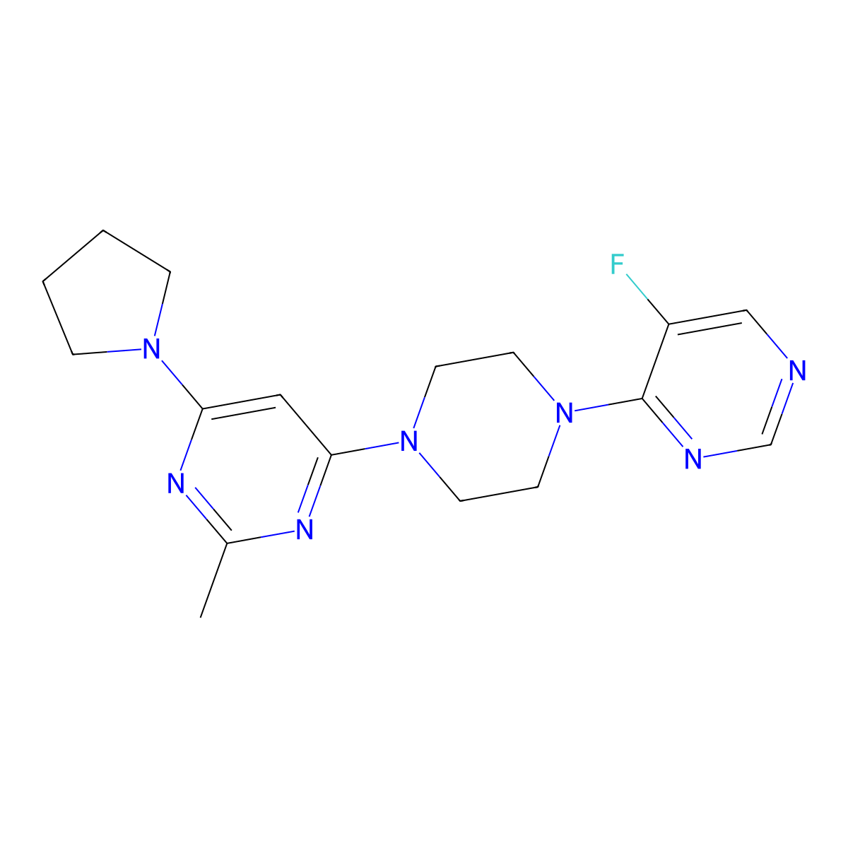 4-[4-(5-Fluoropyrimidin-4-yl)piperazin-1-yl]-2-methyl-6-(pyrrolidin-1-yl)pyrimidine molecular structure, CAS 2548987-56-8