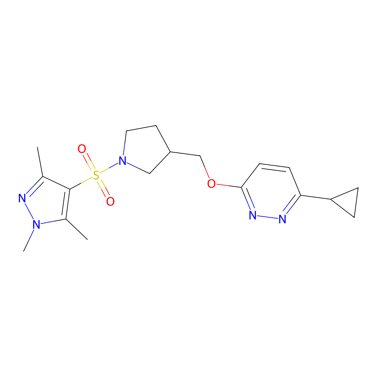 3-cyclopropyl-6-({1-[(1,3,5-trimethyl-1H-pyrazol-4-yl)sulfonyl]pyrrolidin-3-yl}methoxy)pyridazine molecular structure, CAS 2548987-59-1