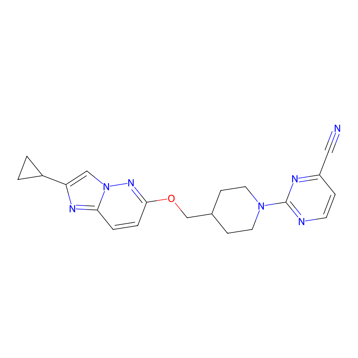 2-{4-[({2-Cyclopropylimidazo[1,2-b]pyridazin-6-yl}oxy)methyl]piperidin-1-yl}pyrimidine-4-carbonitrile molecular structure, CAS 2548987-75-1