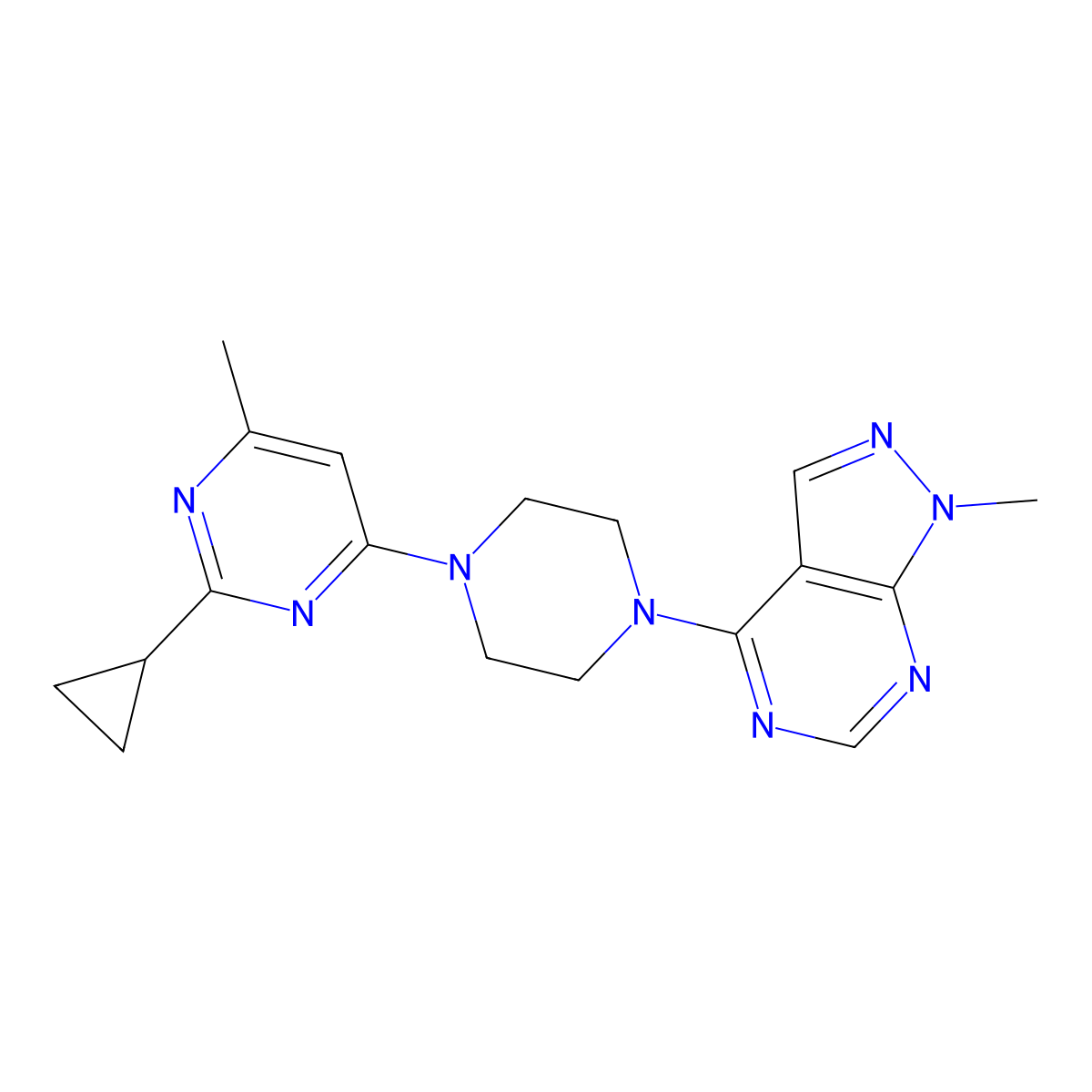 2-cyclopropyl-4-methyl-6-(4-{1-methyl-1H-pyrazolo[3,4-d]pyrimidin-4-yl}piperazin-1-yl)pyrimidine molecular structure, CAS 2548988-00-5