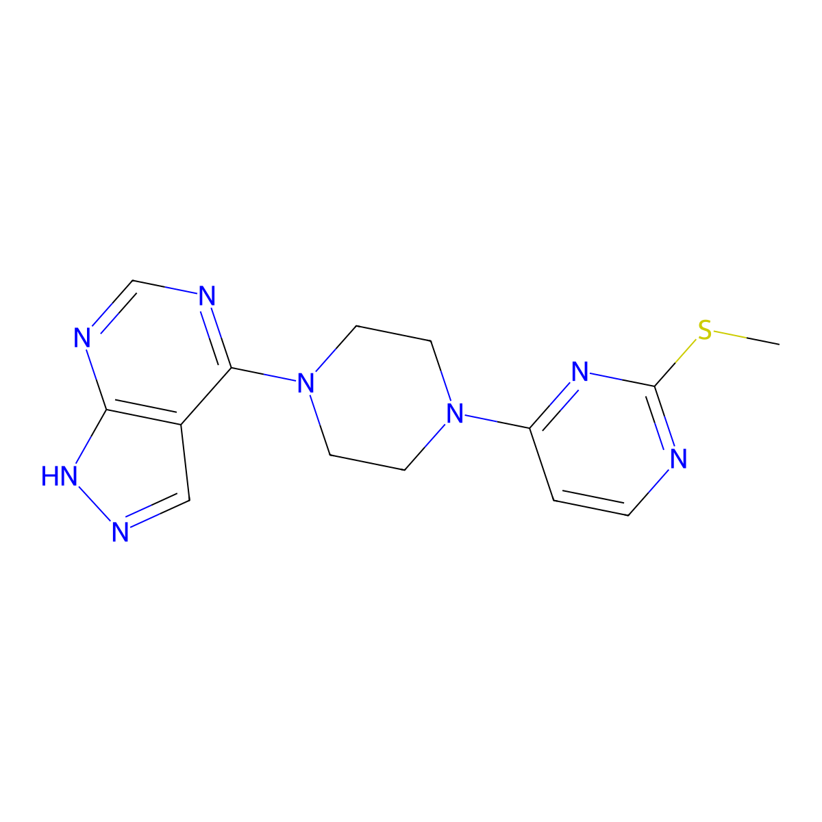 2-(methylsulfanyl)-4-(4-{1H-pyrazolo[3,4-d]pyrimidin-4-yl}piperazin-1-yl)pyrimidine molecular structure, CAS 2548988-04-9