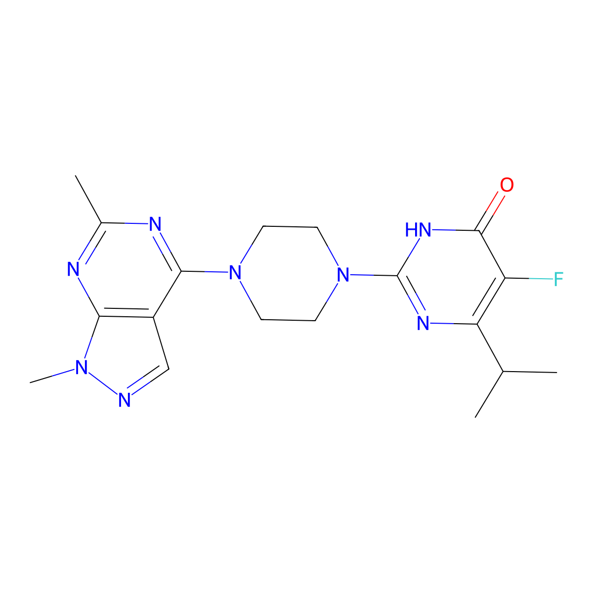 2-(4-{1,6-dimethyl-1H-pyrazolo[3,4-d]pyrimidin-4-yl}piperazin-1-yl)-5-fluoro-6-(propan-2-yl)-3,4-dihydropyrimidin-4-one molecular structure, CAS 2548988-07-2