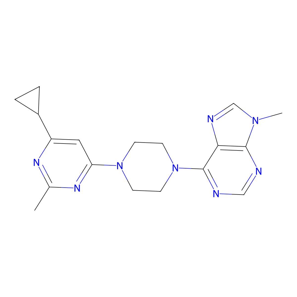 6-[4-(6-cyclopropyl-2-methylpyrimidin-4-yl)piperazin-1-yl]-9-methyl-9H-purine molecular structure, CAS 2548988-09-4