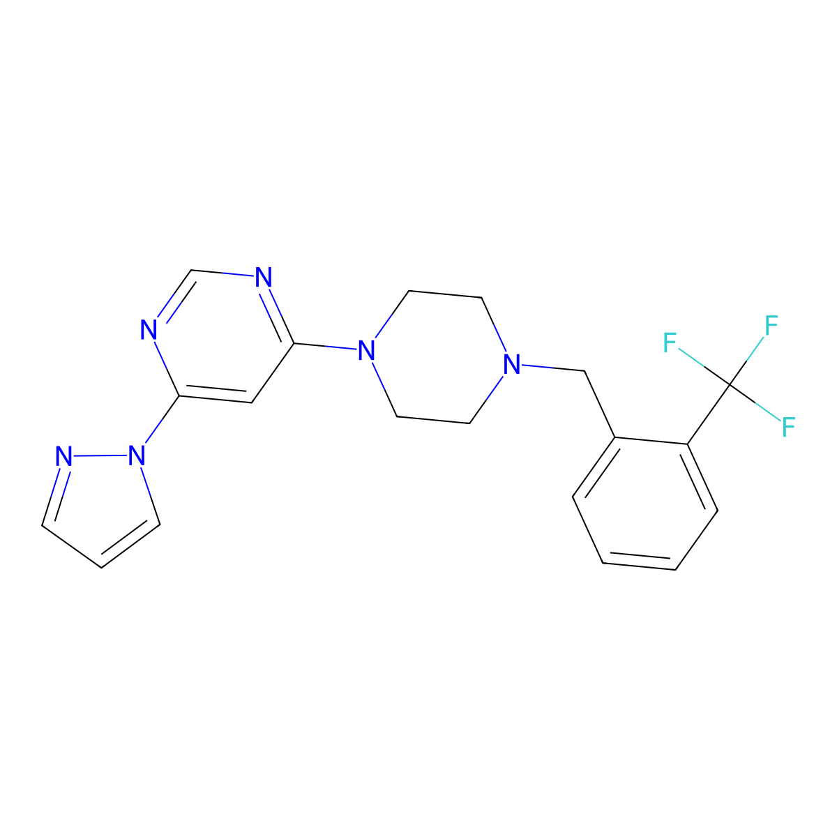 4-(1H-pyrazol-1-yl)-6-(4-{[2-(trifluoromethyl)phenyl]methyl}piperazin-1-yl)pyrimidine molecular structure, CAS 2548988-13-0