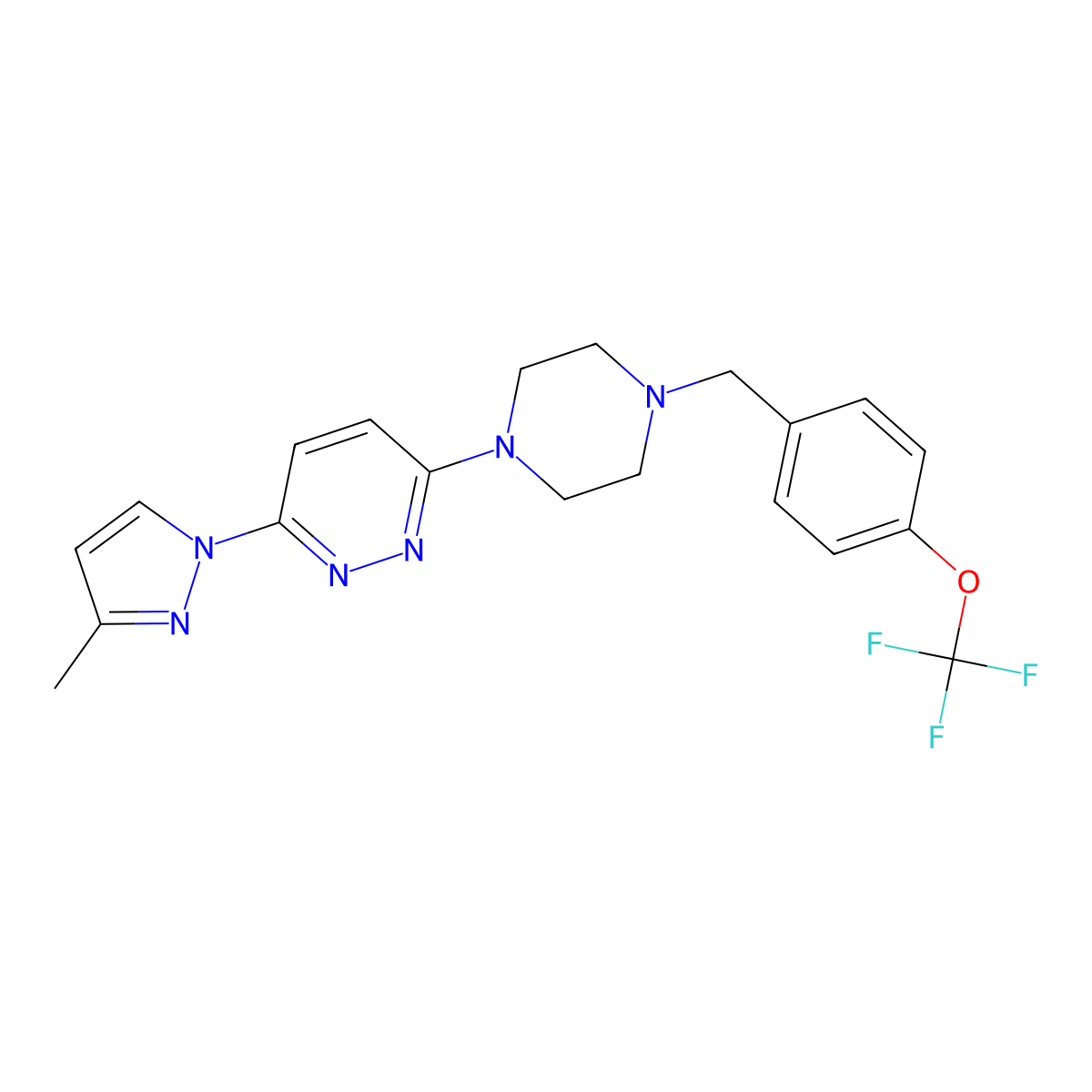 3-(3-methyl-1H-pyrazol-1-yl)-6-(4-{[4-(trifluoromethoxy)phenyl]methyl}piperazin-1-yl)pyridazine molecular structure, CAS 2548988-18-5