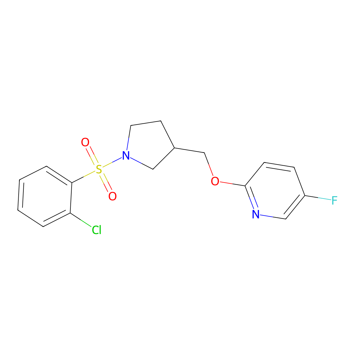 2-{[1-(2-Chlorobenzenesulfonyl)pyrrolidin-3-yl]methoxy}-5-fluoropyridine molecular structure, CAS 2548988-20-9
