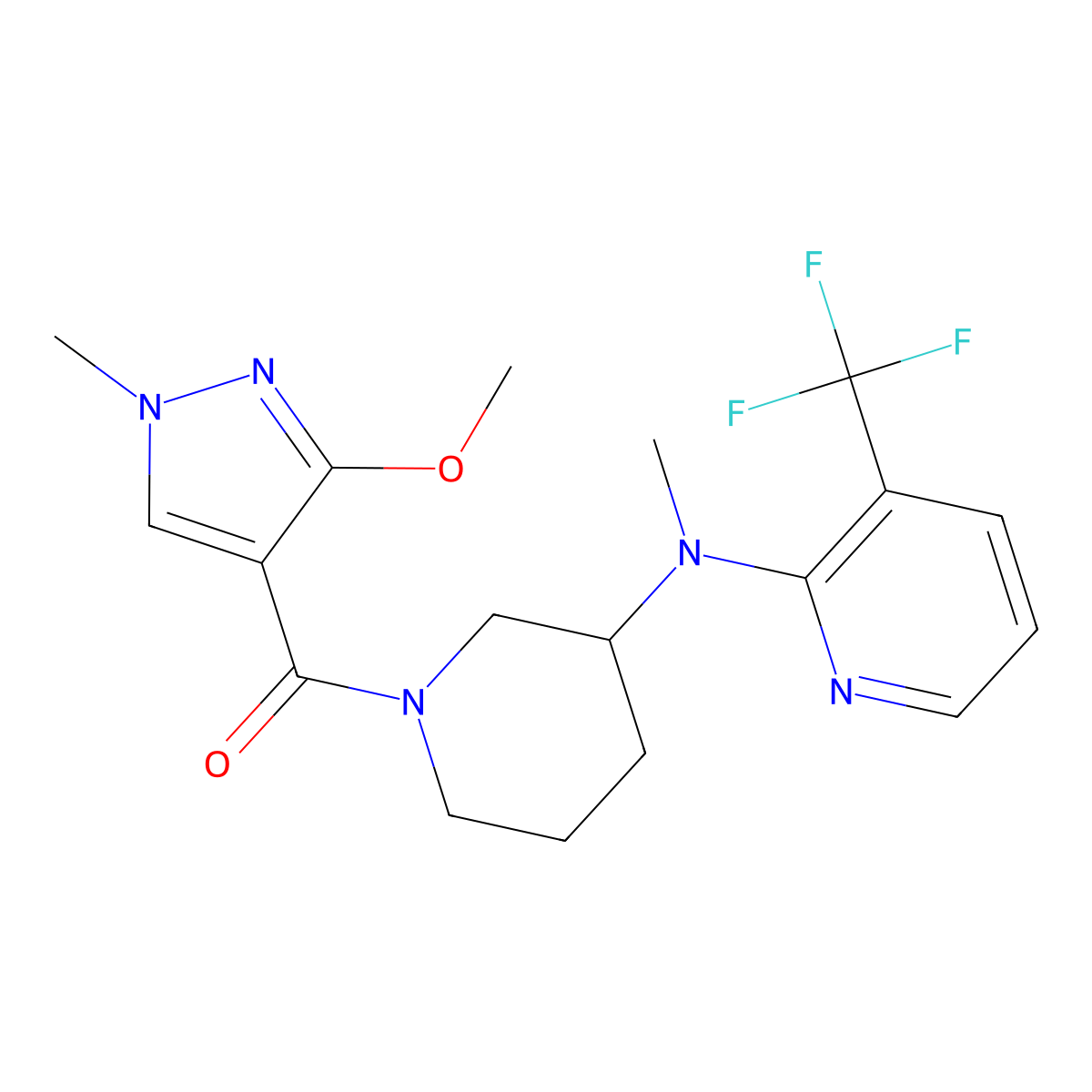 N-[1-(3-methoxy-1-methyl-1H-pyrazole-4-carbonyl)piperidin-3-yl]-N-methyl-3-(trifluoromethyl)pyridin-2-amine molecular structure, CAS 2548988-22-1