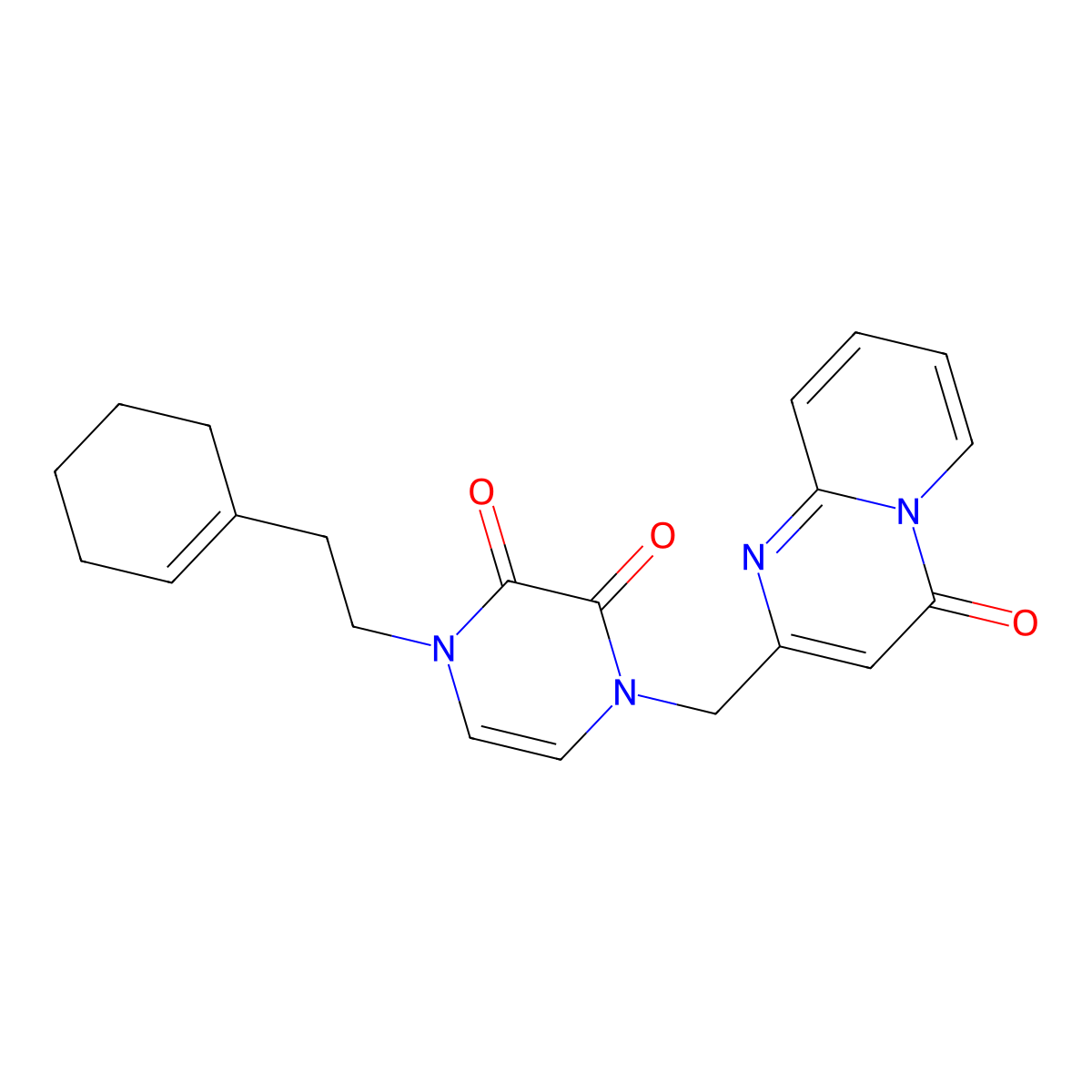1-[2-(cyclohex-1-en-1-yl)ethyl]-4-({4-oxo-4H-pyrido[1,2-a]pyrimidin-2-yl}methyl)-1,2,3,4-tetrahydropyrazine-2,3-dione molecular structure, CAS 2548988-27-6