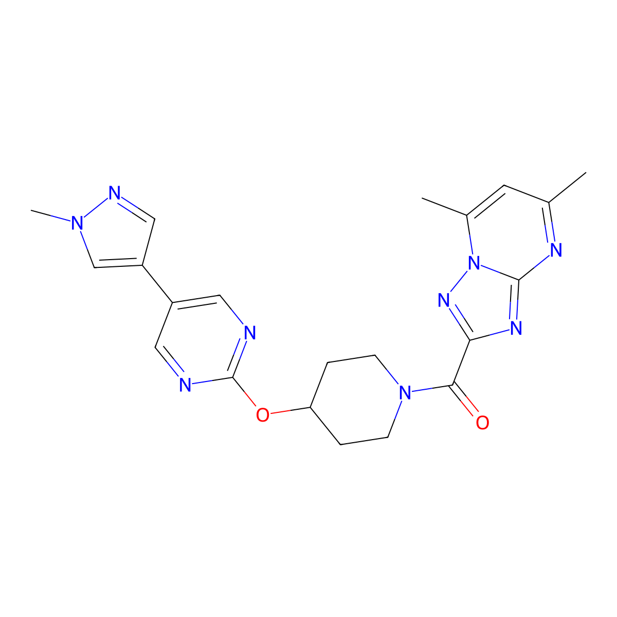 2-[(1-{5,7-dimethyl-[1,2,4]triazolo[1,5-a]pyrimidine-2-carbonyl}piperidin-4-yl)oxy]-5-(1-methyl-1H-pyrazol-4-yl)pyrimidine molecular structure, CAS 2548988-30-1