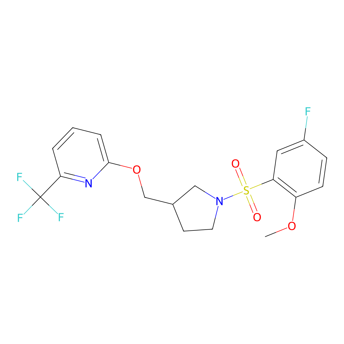 2-{[1-(5-Fluoro-2-methoxybenzenesulfonyl)pyrrolidin-3-yl]methoxy}-6-(trifluoromethyl)pyridine molecular structure, CAS 2548988-56-1