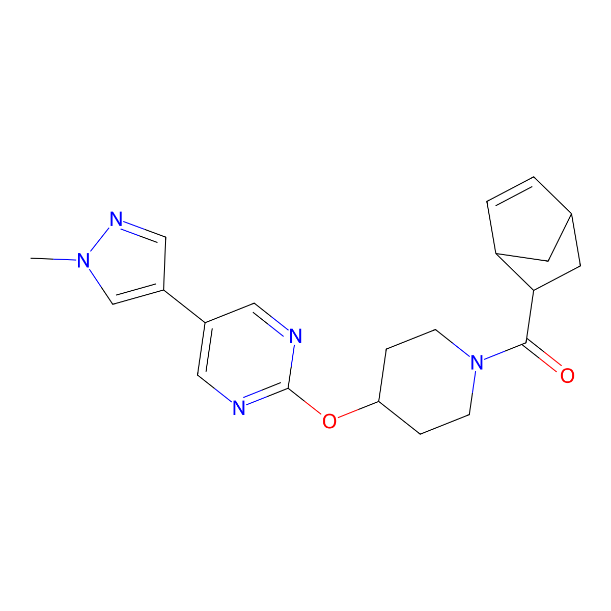 2-[(1-{bicyclo[2.2.1]hept-5-ene-2-carbonyl}piperidin-4-yl)oxy]-5-(1-methyl-1H-pyrazol-4-yl)pyrimidine molecular structure, CAS 2548988-57-2